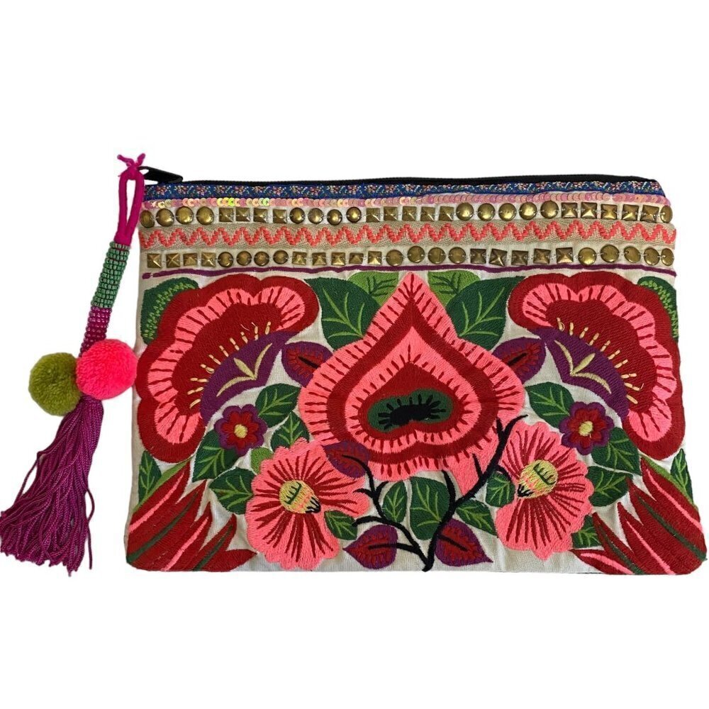 Asos Embroidered Clutch Boho Bag Fabric Leather
